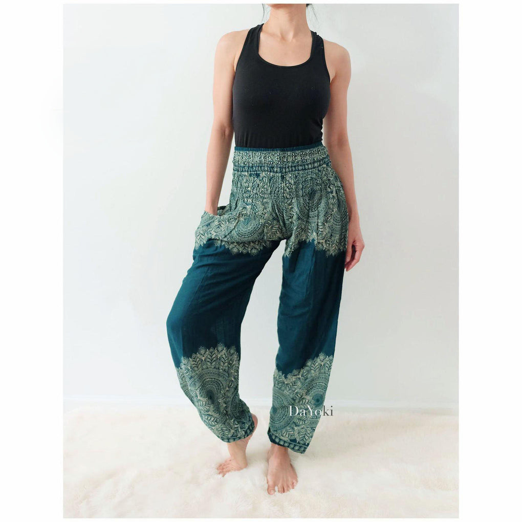 Comfy High Waisted Smocked Yoga Pants - Emerald Green Floral Mandalas