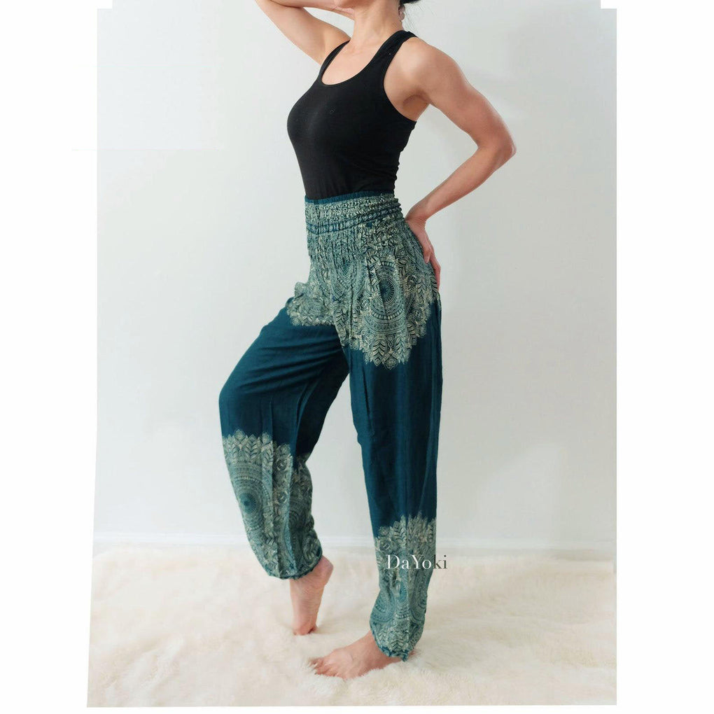 Comfy High Waisted Smocked Yoga Pants - Emerald Green Floral Mandalas