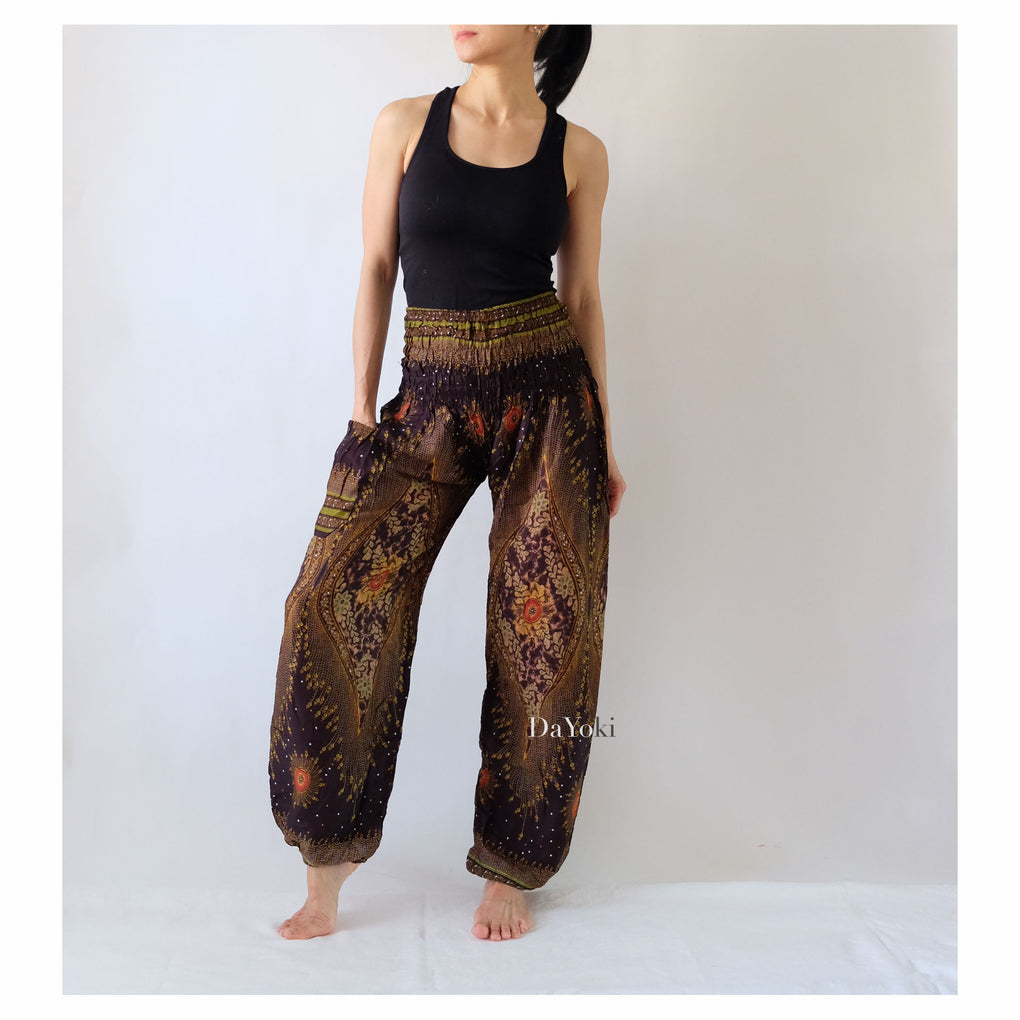 Comfy High Waisted Smocked Yoga Pants - Brown Peacock Feather