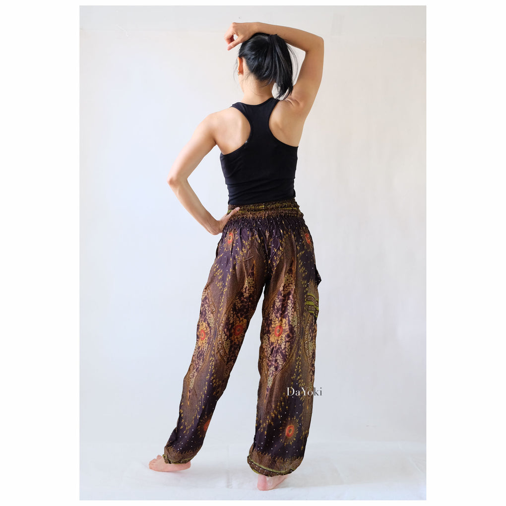 Comfy High Waisted Smocked Yoga Pants - Brown Peacock Feather