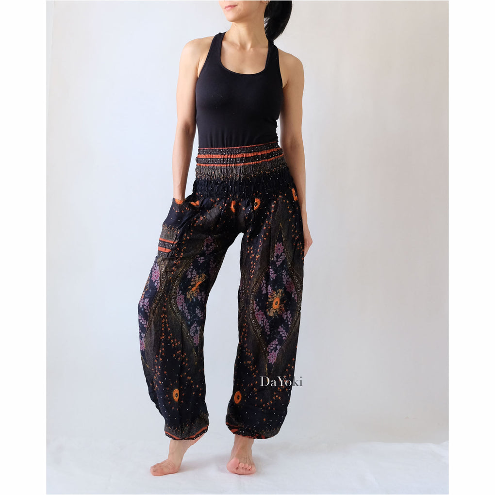 Comfy High Waisted Smocked Yoga Pants - Midnight Black Peacock Feather