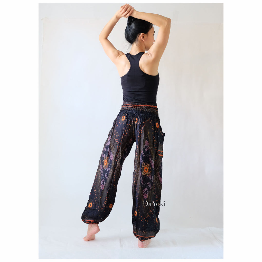 Comfy High Waisted Smocked Yoga Pants - Midnight Black Peacock Feather