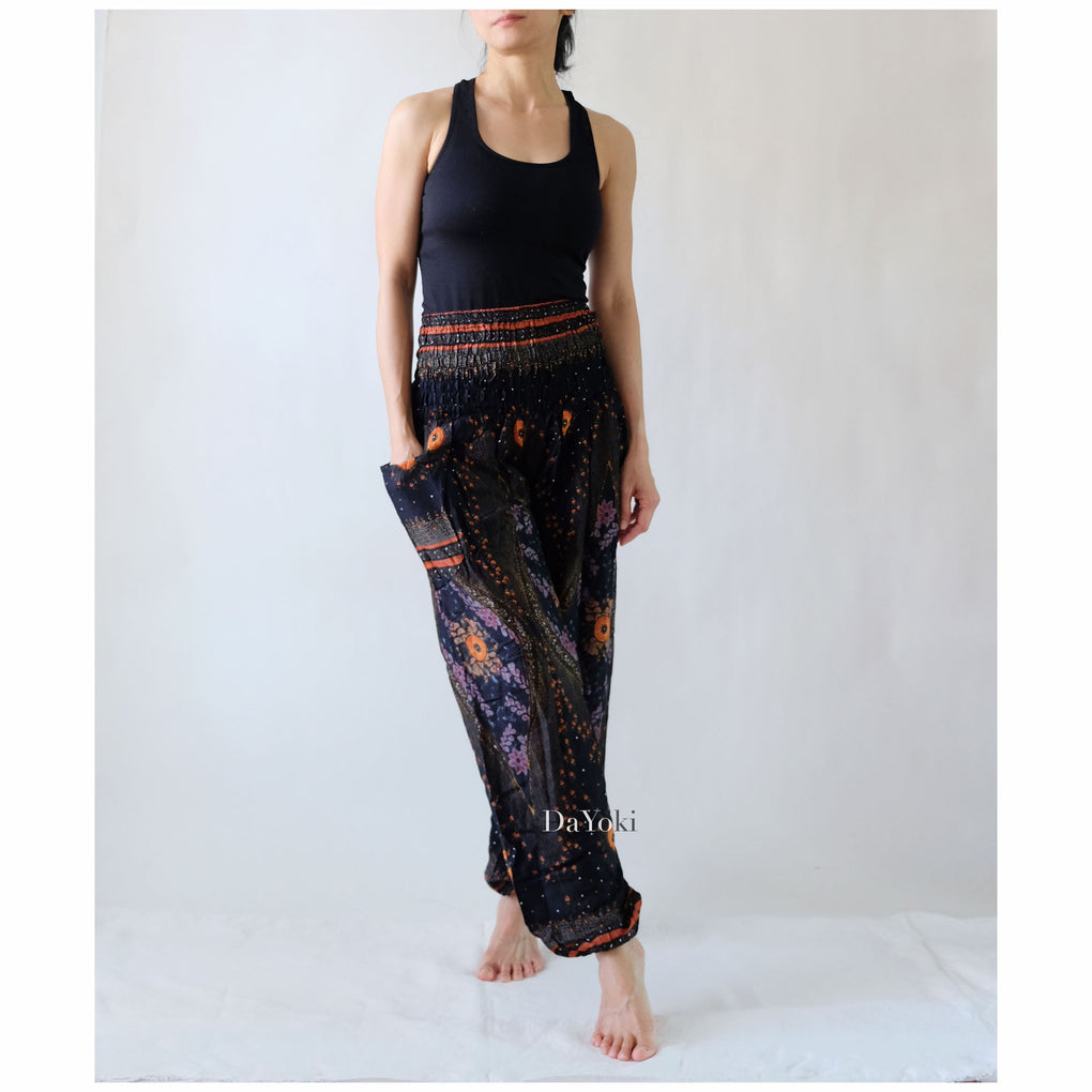 Comfy High Waisted Smocked Yoga Pants - Midnight Black Peacock Feather