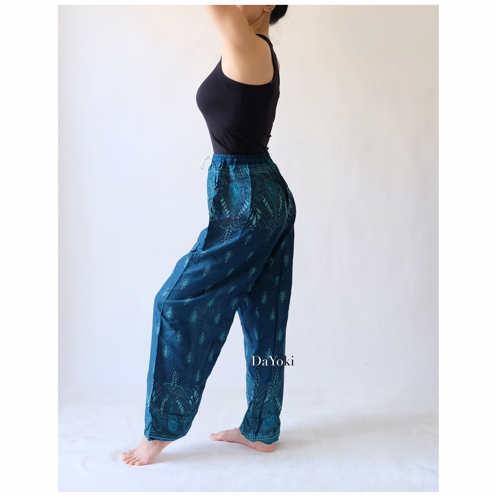 Comfy Elastic Tie Yoga Pants - Cobalt Floral Stars