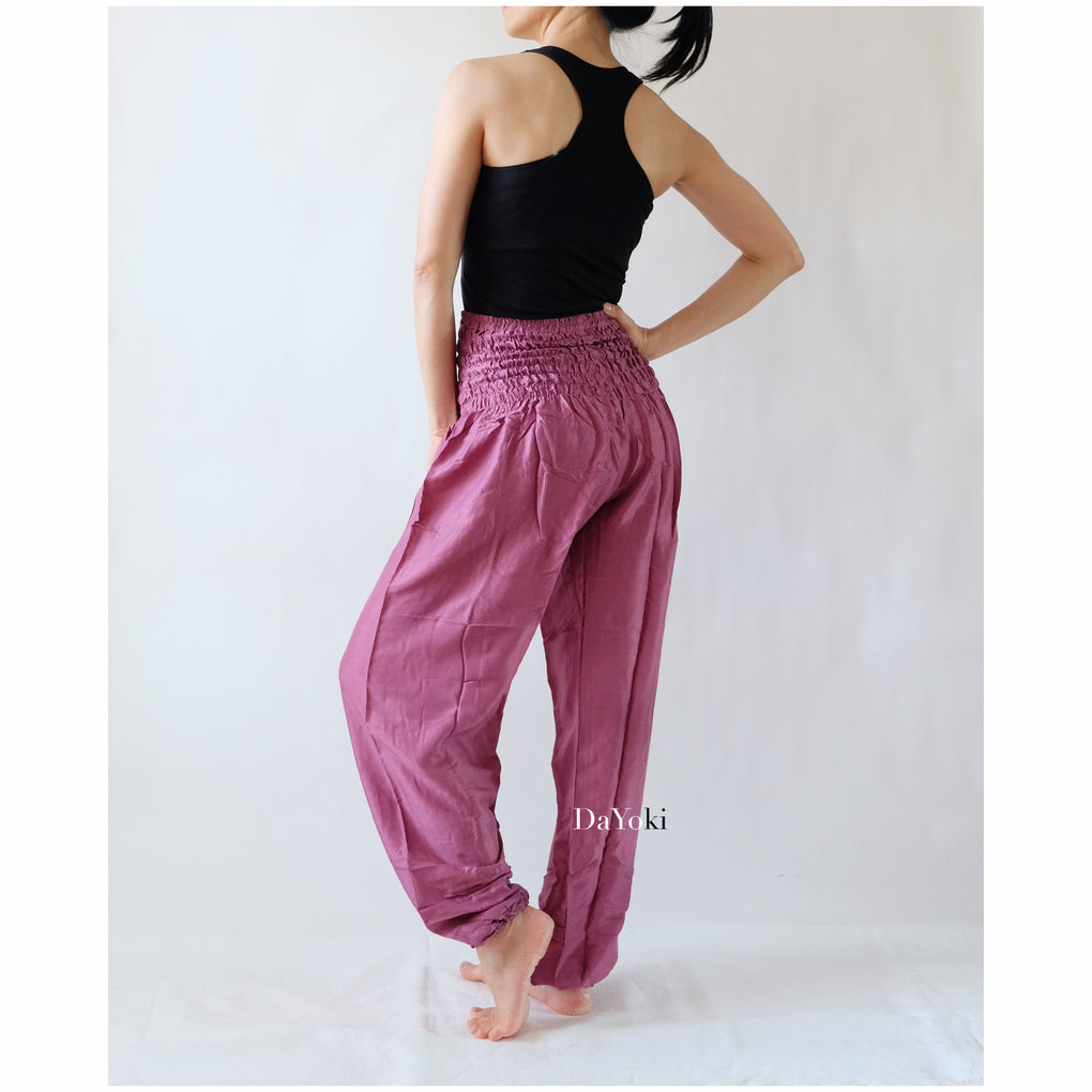 Comfy High Waisted Smocked Yoga Pants - Mulberry