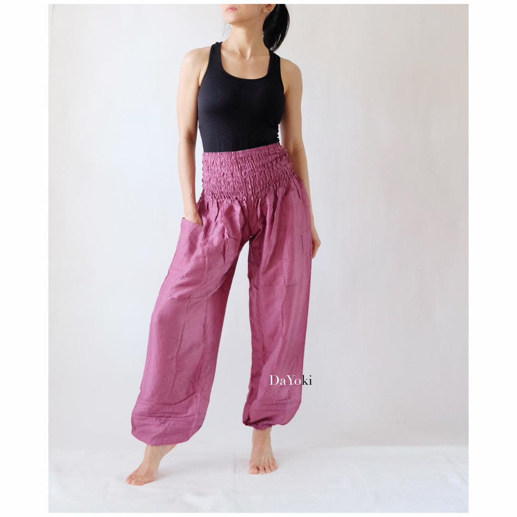 Comfy High Waisted Smocked Yoga Pants - Mulberry