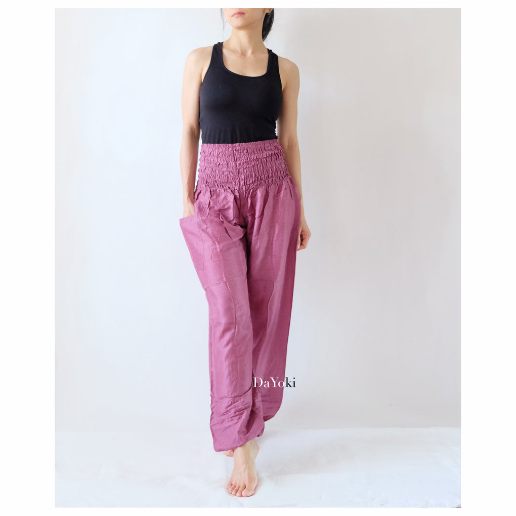 Comfy High Waisted Smocked Yoga Pants - Mulberry