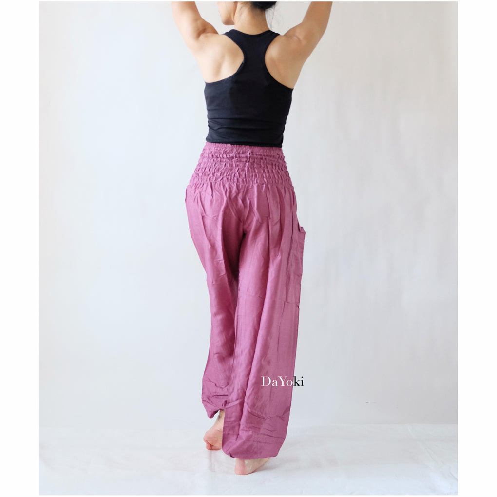 Comfy High Waisted Smocked Yoga Pants - Mulberry