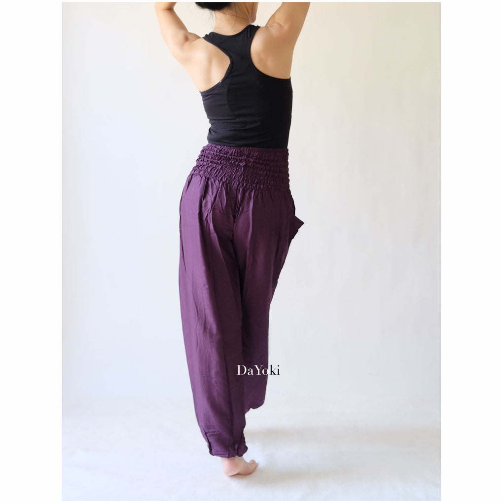 Comfy High Waisted Smocked Yoga Pants - Dark Purple