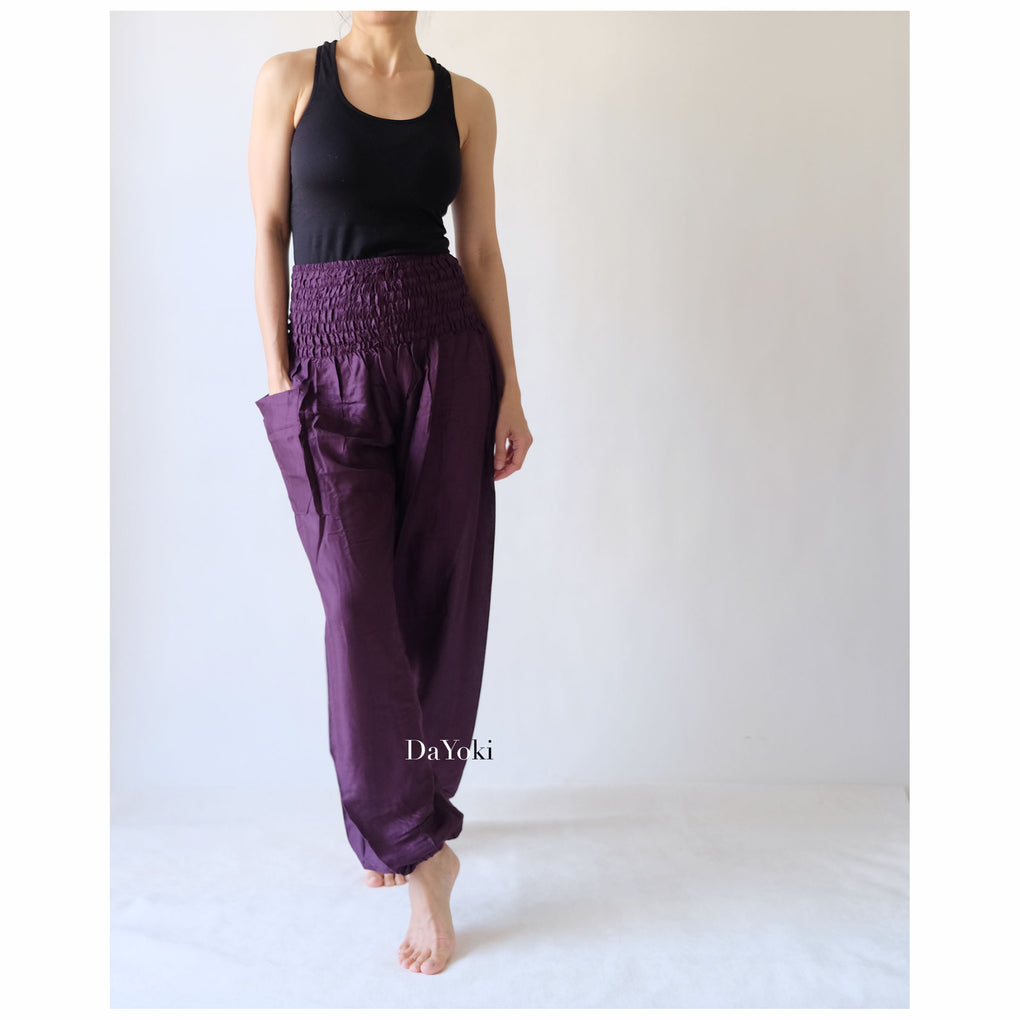 Comfy High Waisted Smocked Yoga Pants - Dark Purple