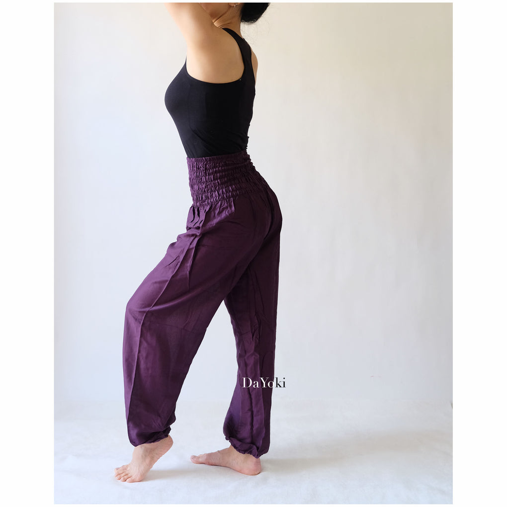 Comfy High Waisted Smocked Yoga Pants - Dark Purple