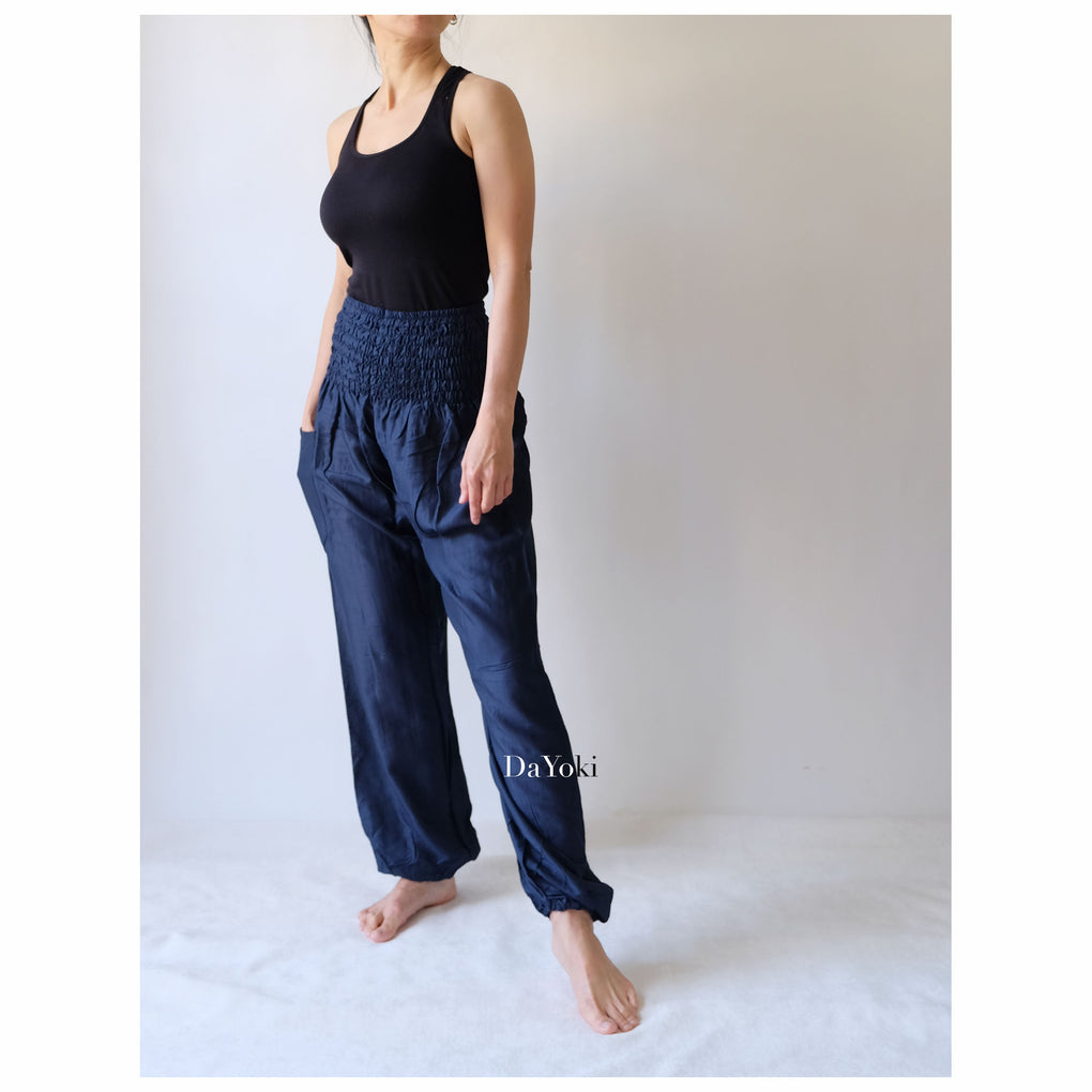 Copy of Comfy High Waisted Smocked Yoga Pants - Navy Blue