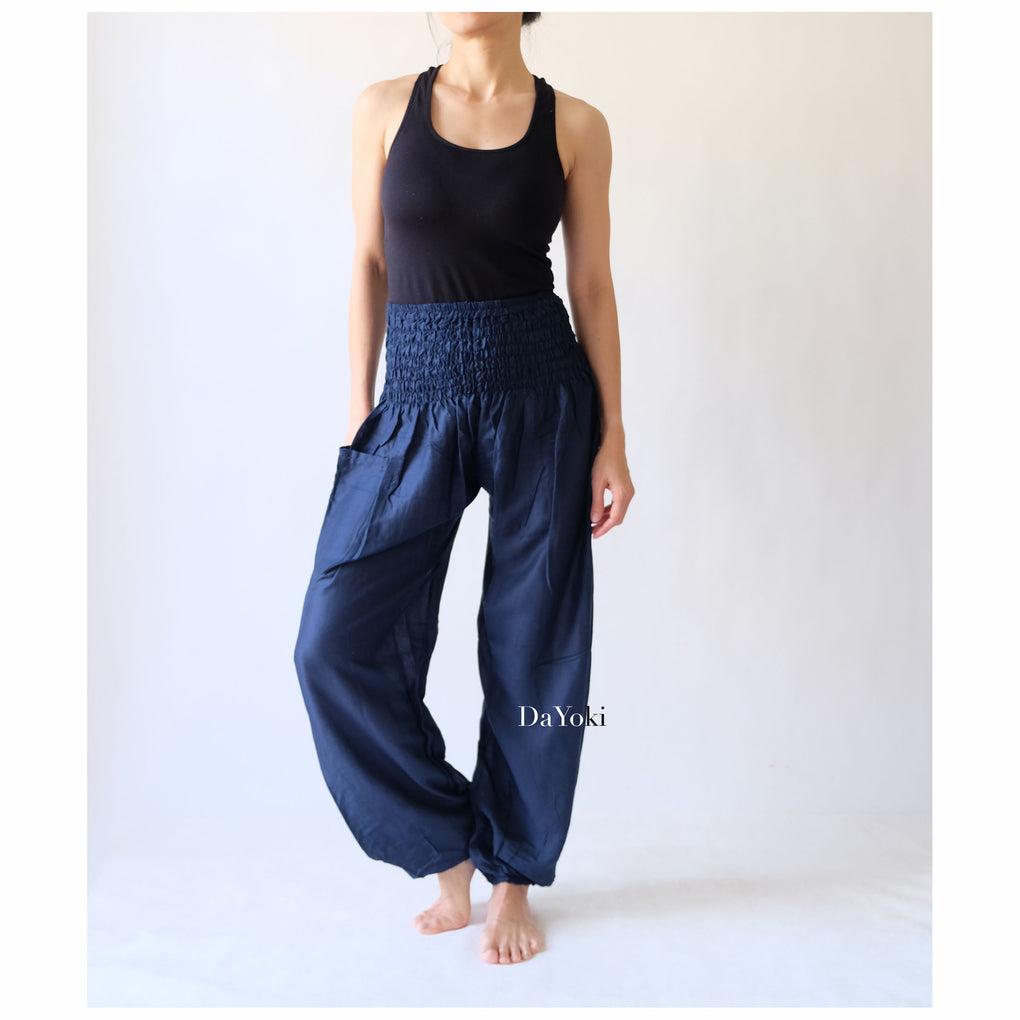 Copy of Comfy High Waisted Smocked Yoga Pants - Navy Blue