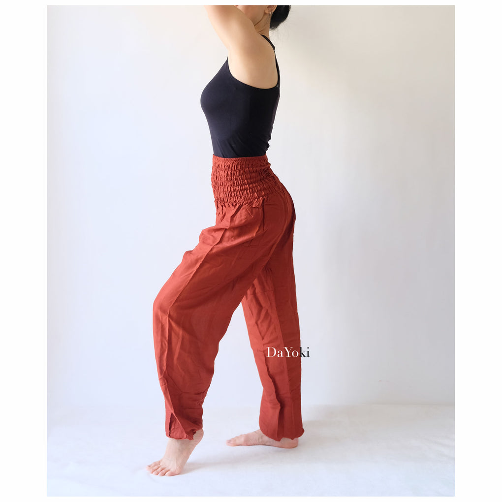 Comfy High Waisted Smocked Yoga Pants - Orange Brick