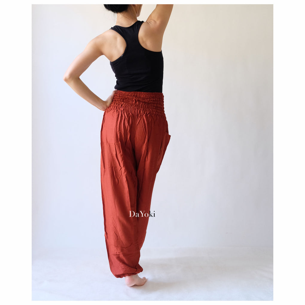 Comfy High Waisted Smocked Yoga Pants - Orange Brick