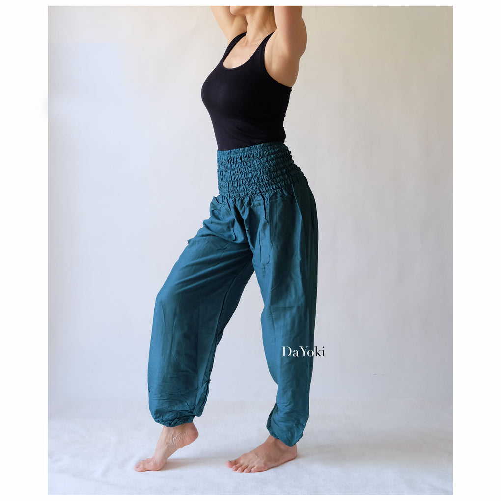 Comfy High Waisted Smocked Yoga Pants - Ocean Blue