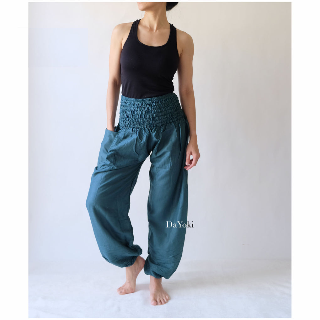 Comfy High Waisted Smocked Yoga Pants - Ocean Blue