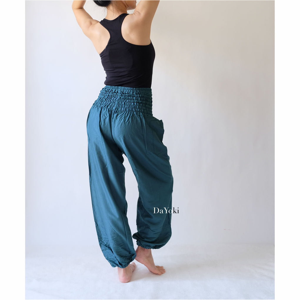 Comfy High Waisted Smocked Yoga Pants - Ocean Blue