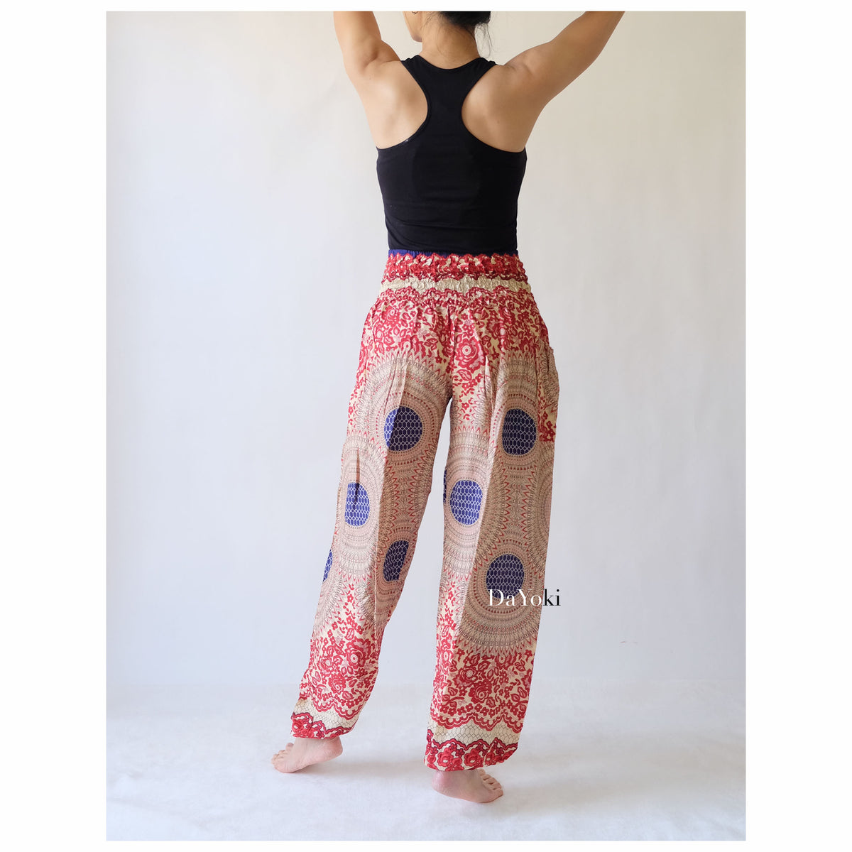 Comfy High Waisted Smocked Yoga Pants - Red Mandalas – Da Yoki