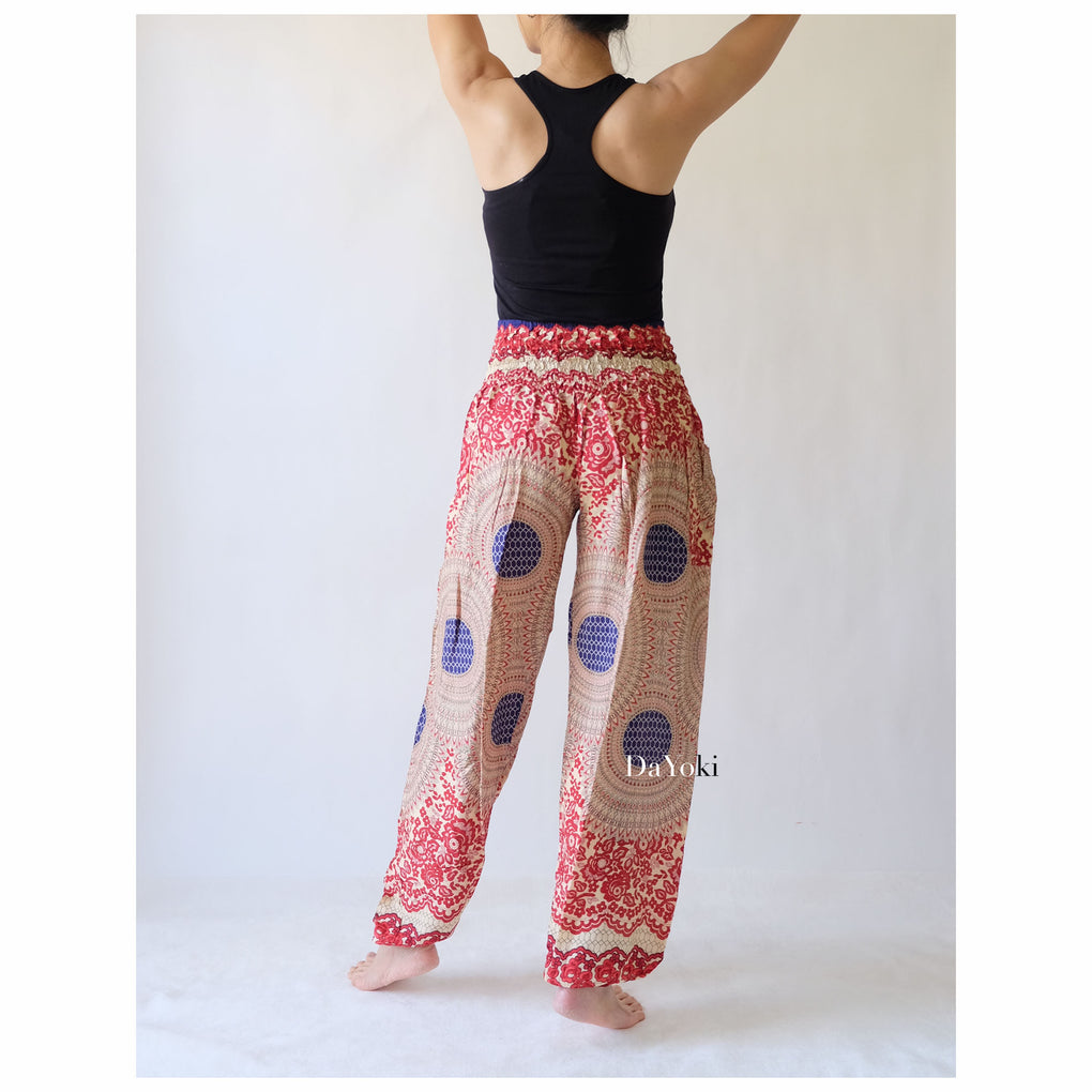 Comfy High Waisted Smocked Yoga Pants - Red Mandalas