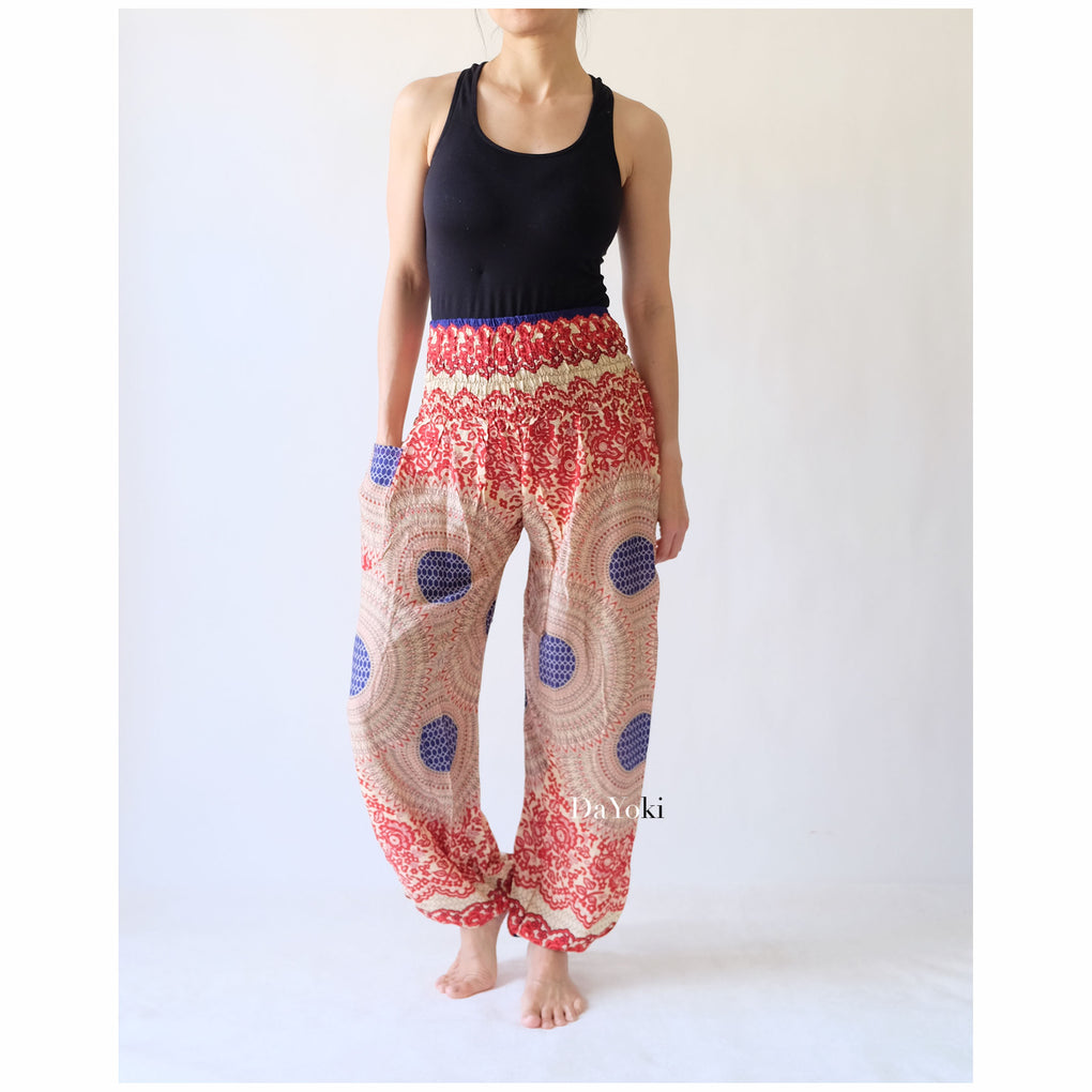 Comfy High Waisted Smocked Yoga Pants - Red Mandalas