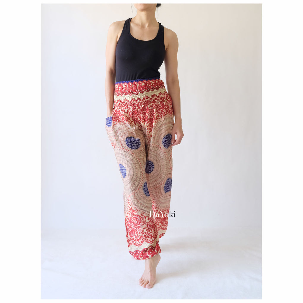 Comfy High Waisted Smocked Yoga Pants - Red Mandalas