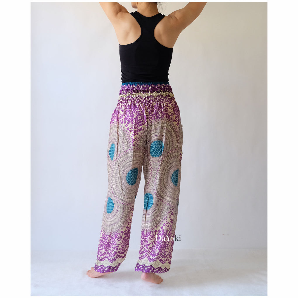 Comfy High Waisted Smocked Yoga Pants - Dark Purple Mandalas