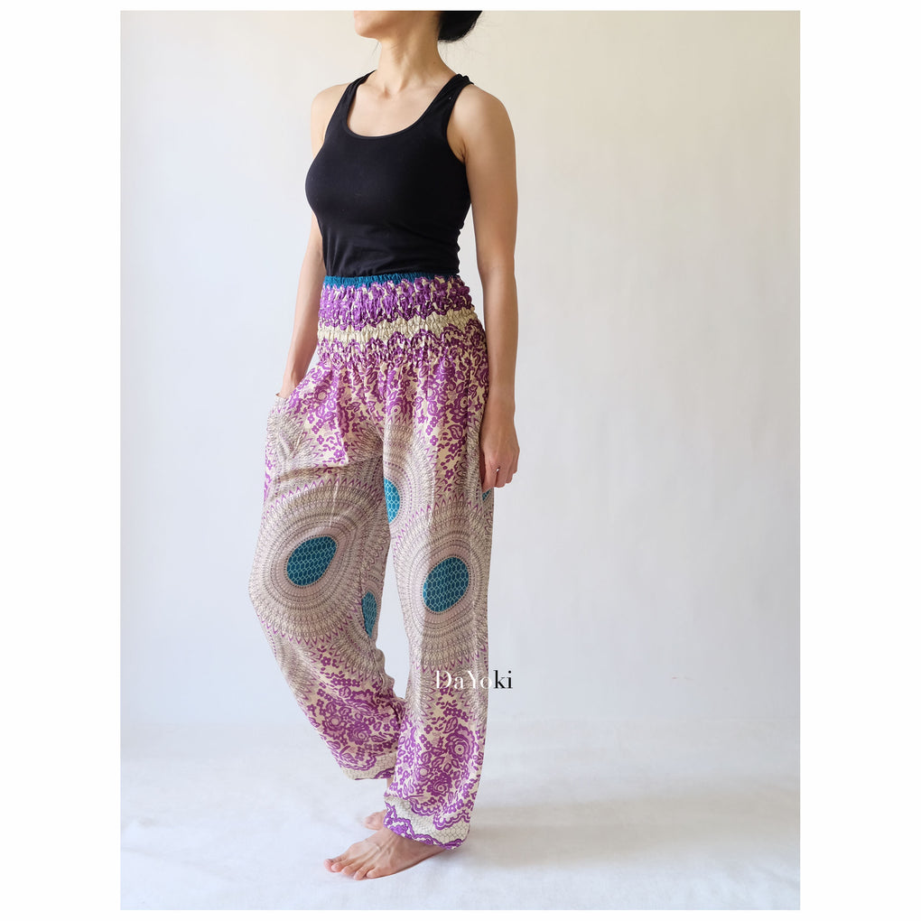 Comfy High Waisted Smocked Yoga Pants - Dark Purple Mandalas