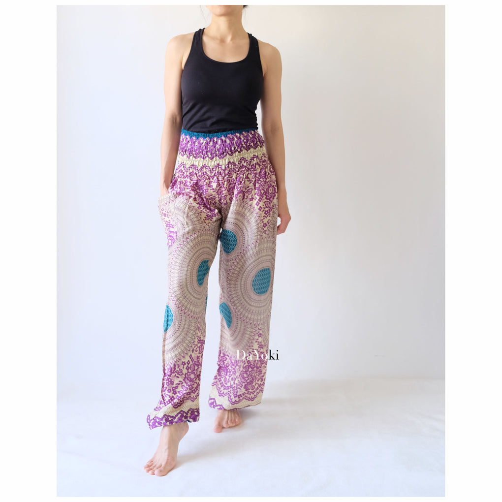 Comfy High Waisted Smocked Yoga Pants - Dark Purple Mandalas