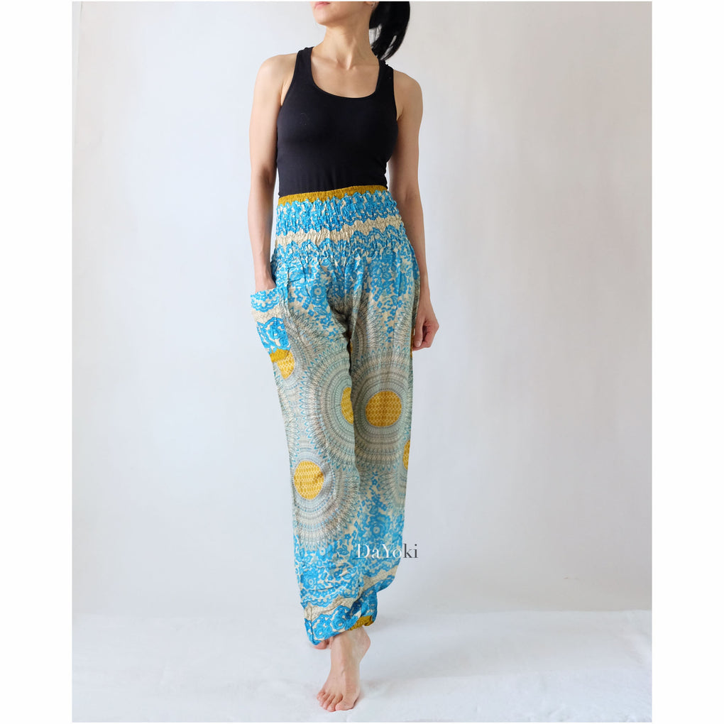 Comfy High Waisted Smocked Yoga Pants - Light Blue Mandalas