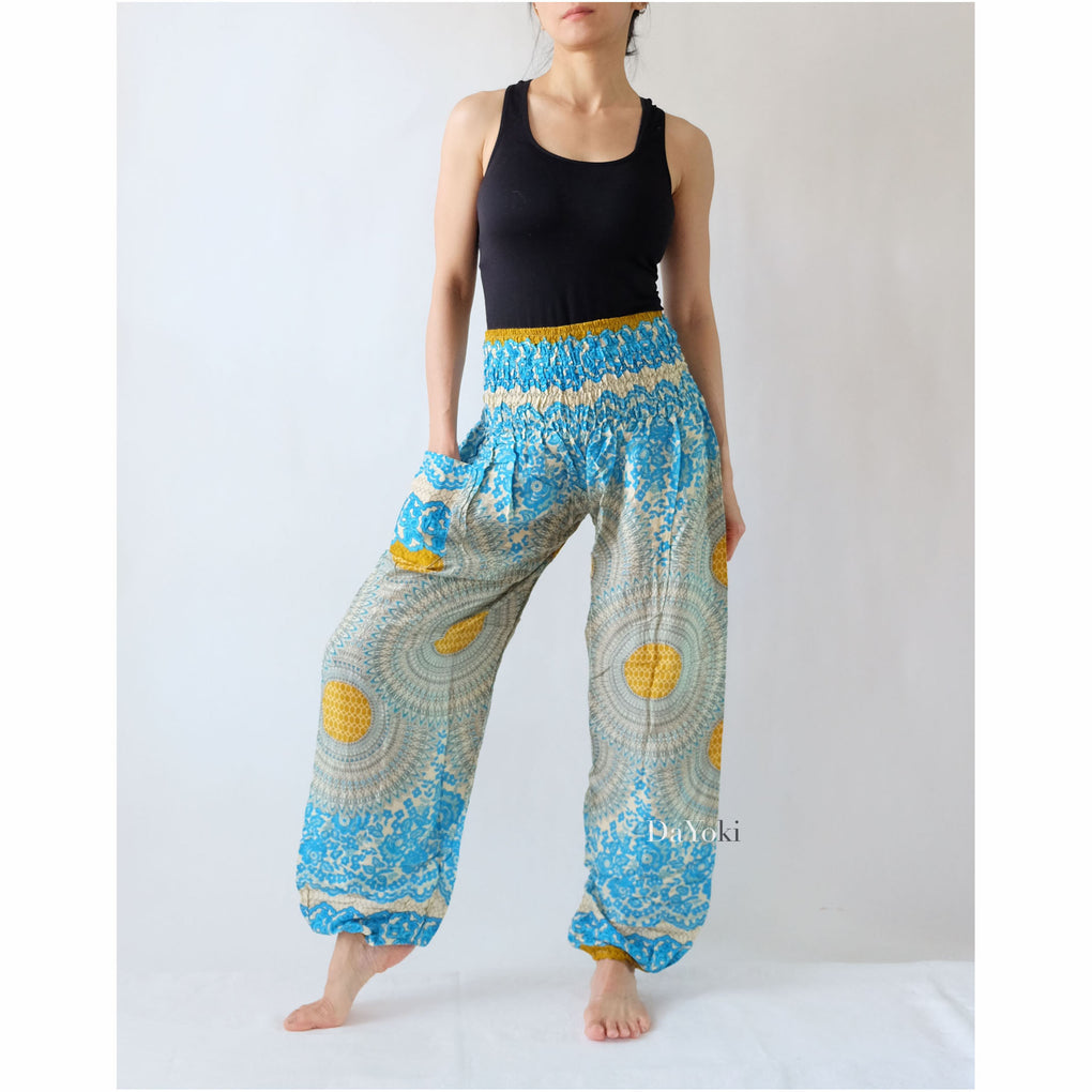 Comfy High Waisted Smocked Yoga Pants - Light Blue Mandalas