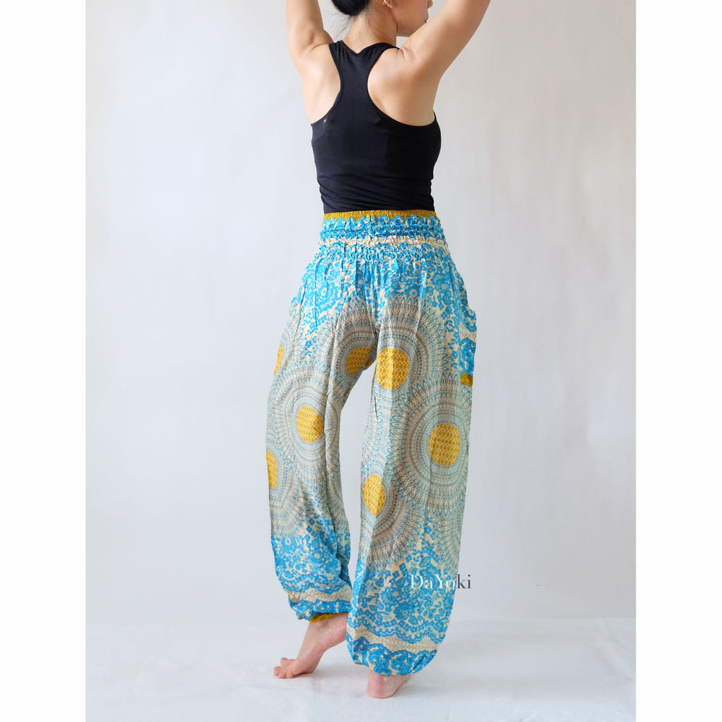 Comfy High Waisted Smocked Yoga Pants - Light Blue Mandalas