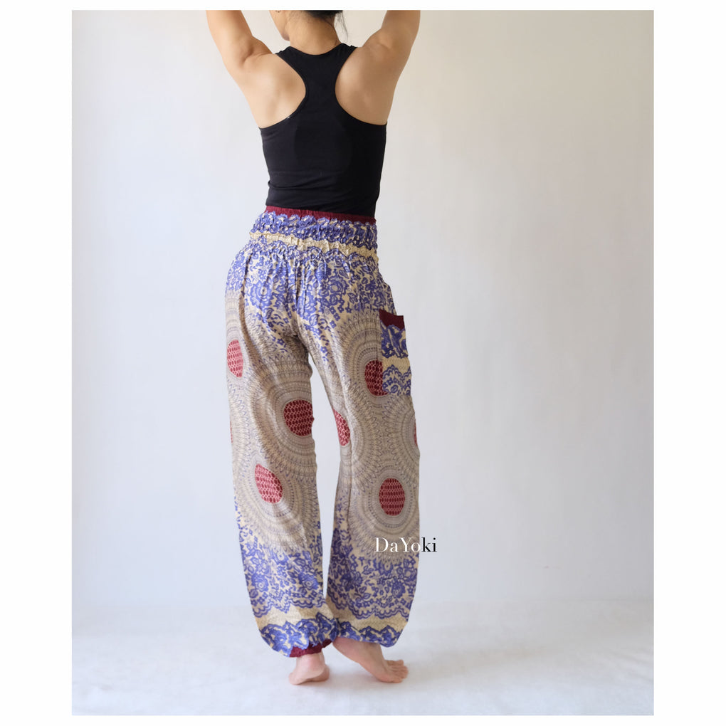 Comfy High Waisted Smocked Yoga Pants - Lavender Mandalas