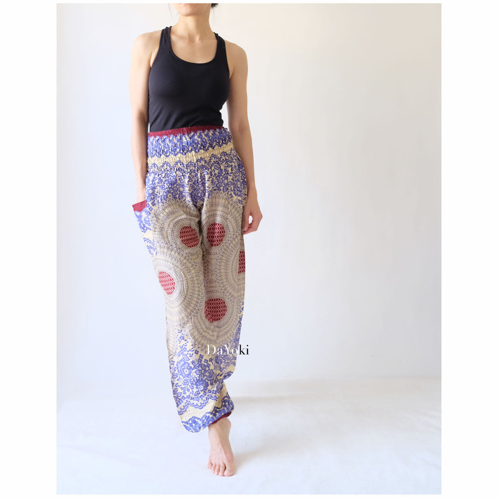 Comfy High Waisted Smocked Yoga Pants - Lavender Mandalas