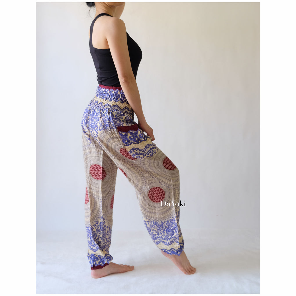 Comfy High Waisted Smocked Yoga Pants - Lavender Mandalas