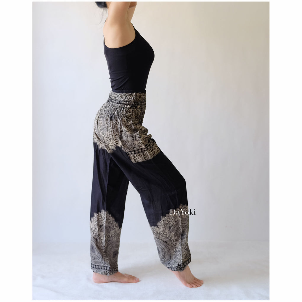 Comfy High Waisted Smocked Yoga Pants - Black Floral Mandalas