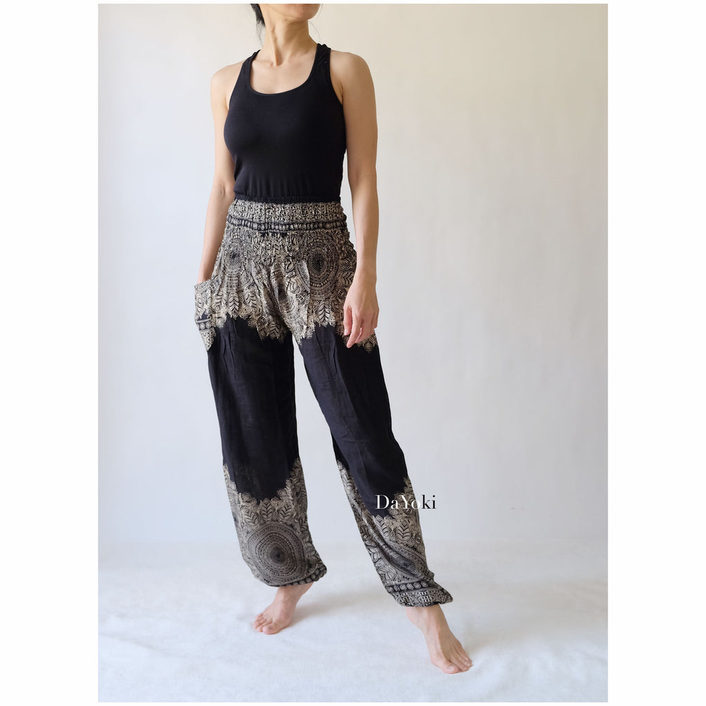 Comfy High Waisted Smocked Yoga Pants - Black Floral Mandalas