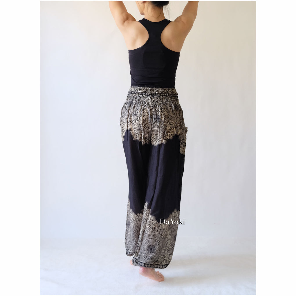 Comfy High Waisted Smocked Yoga Pants - Black Floral Mandalas