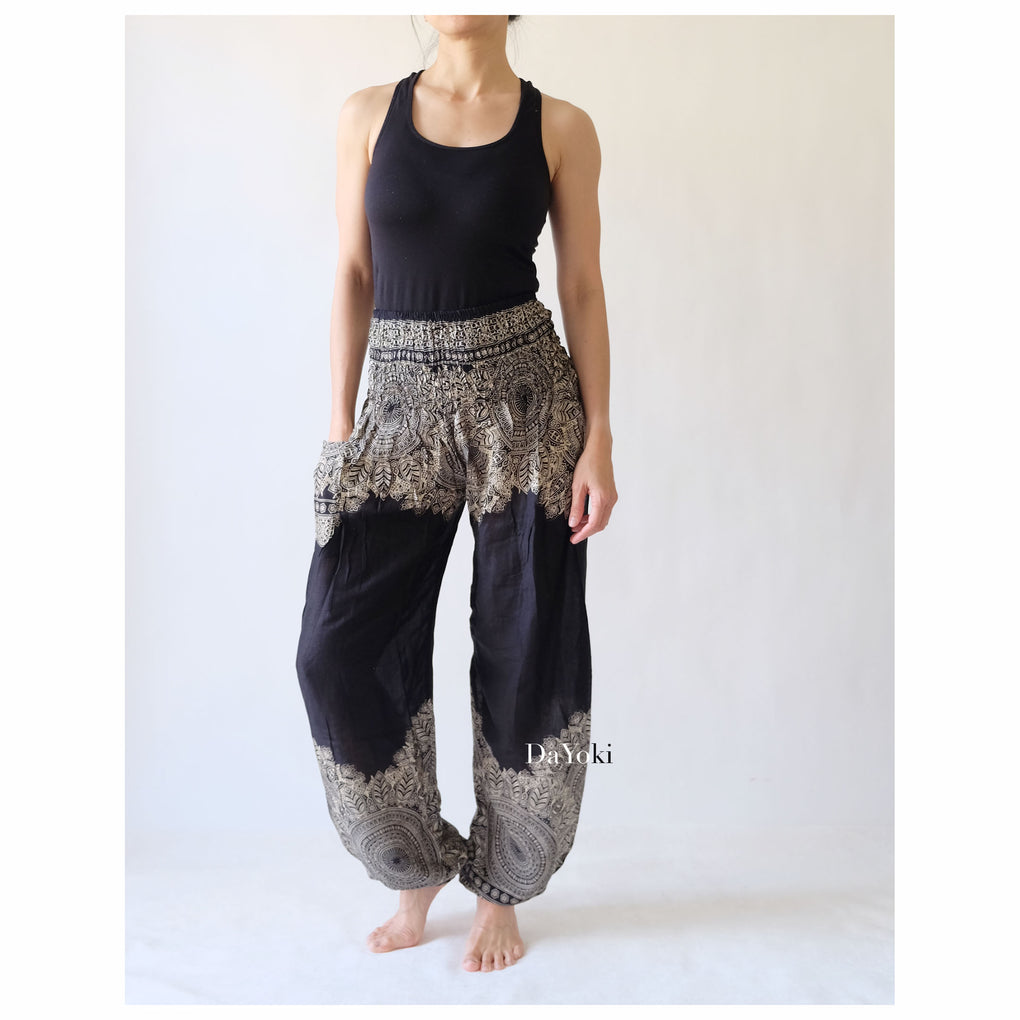 Comfy High Waisted Smocked Yoga Pants - Black Floral Mandalas