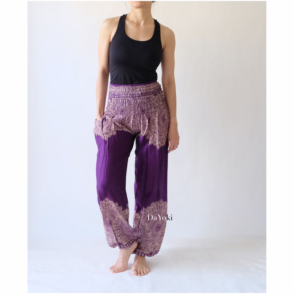 Comfy High Waisted Smocked Yoga Pants - Purple Floral Mandalas