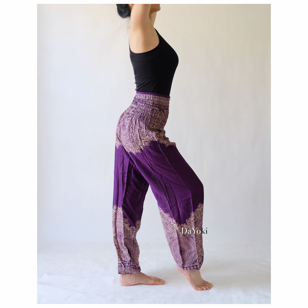 Comfy High Waisted Smocked Yoga Pants - Purple Floral Mandalas