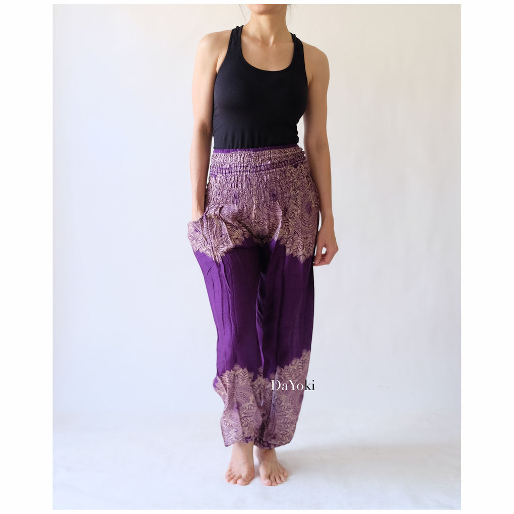 Comfy High Waisted Smocked Yoga Pants - Purple Floral Mandalas