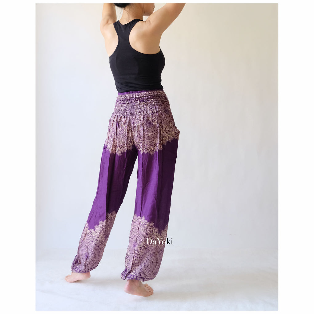 Comfy High Waisted Smocked Yoga Pants - Purple Floral Mandalas