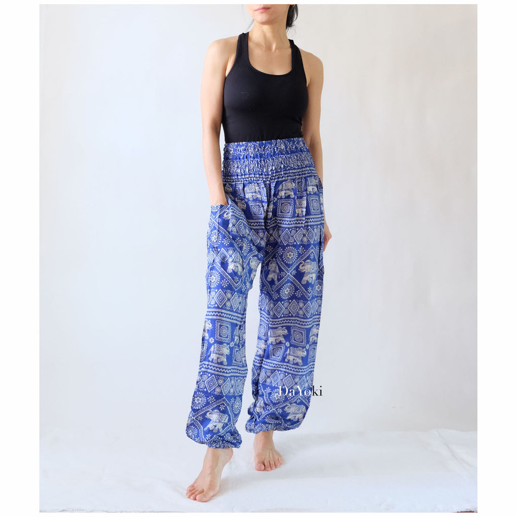 Comfy High Waisted Smocked Yoga Pants - Blue Small Elephant