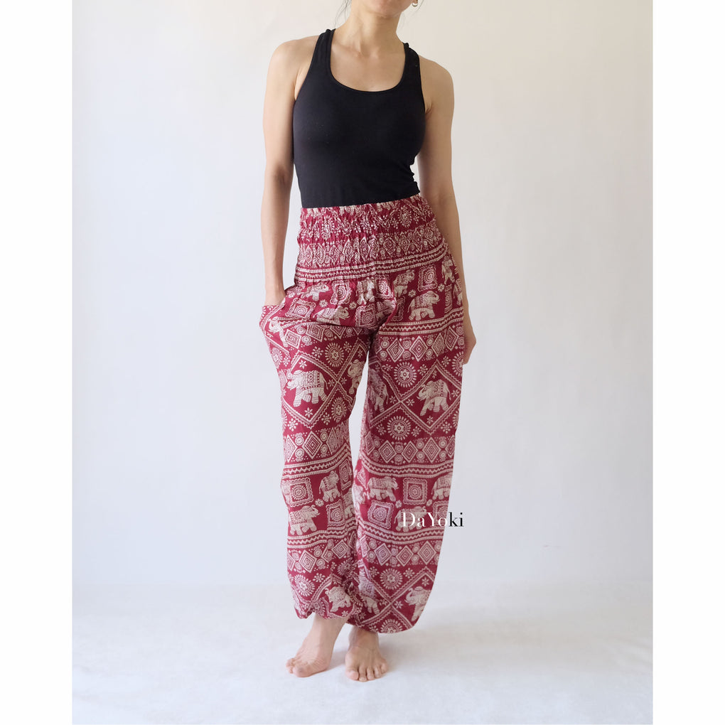 Comfy High Waisted Smocked Yoga Pants - Red Maroon Small Elephant