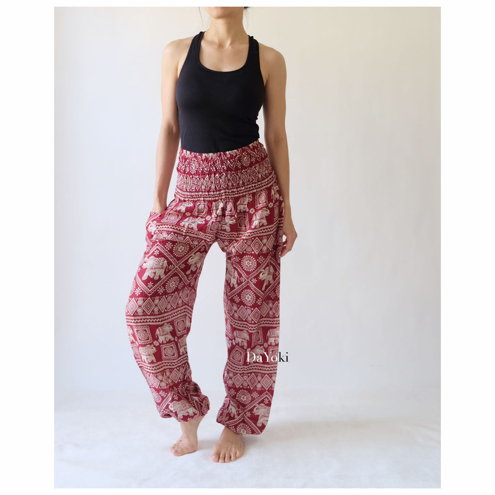 Comfy High Waisted Smocked Yoga Pants - Red Maroon Small Elephant