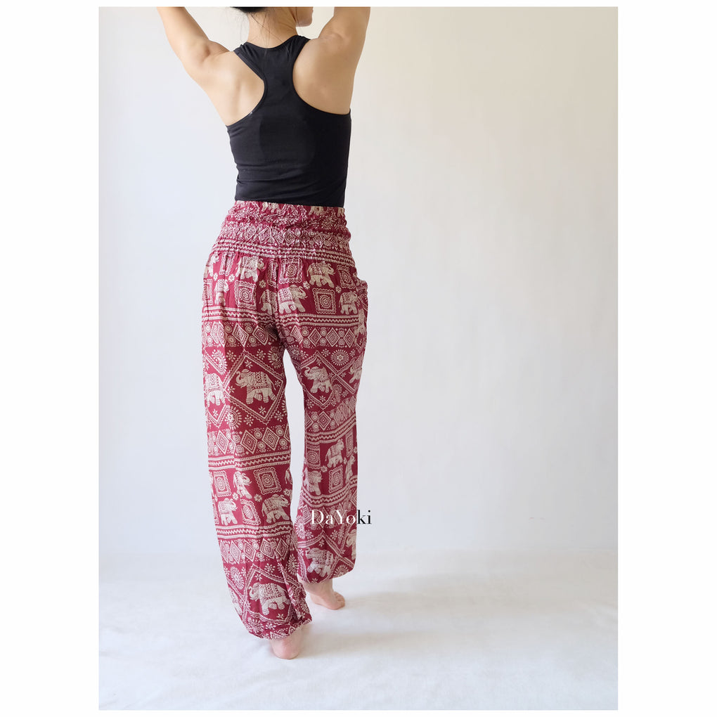 Comfy High Waisted Smocked Yoga Pants - Red Maroon Small Elephant