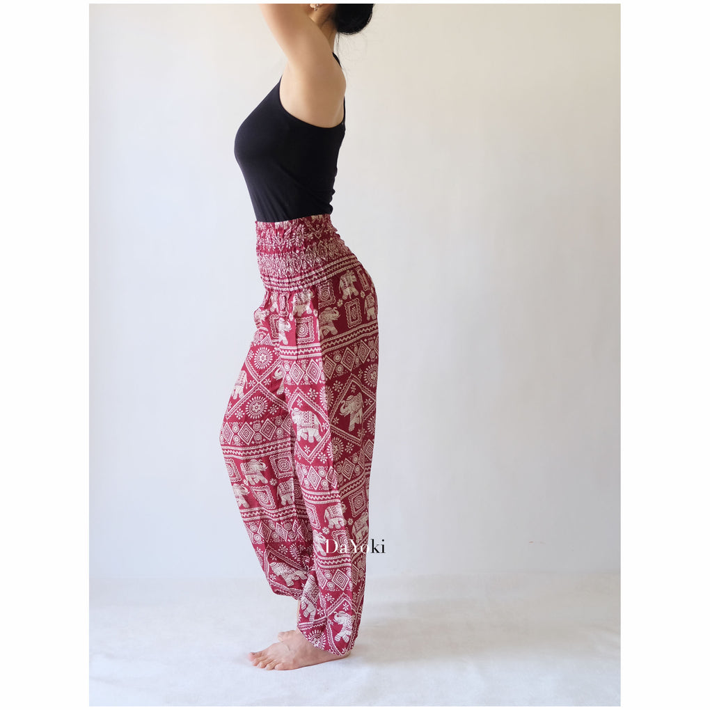 Comfy High Waisted Smocked Yoga Pants - Red Maroon Small Elephant