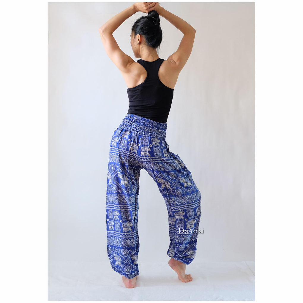 Comfy High Waisted Smocked Yoga Pants - Blue Small Elephant