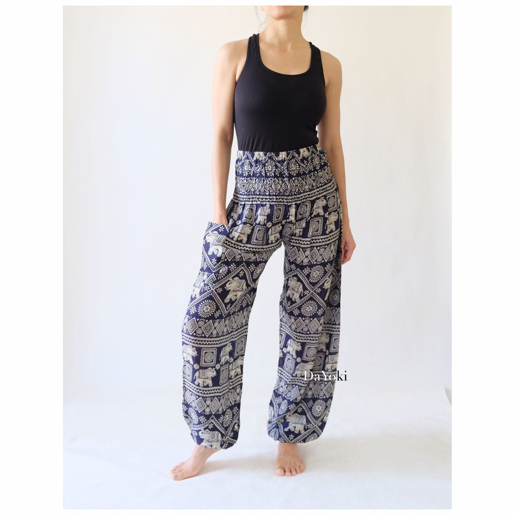 Comfy High Waisted Smocked Yoga Pants - Navy Small Elephant